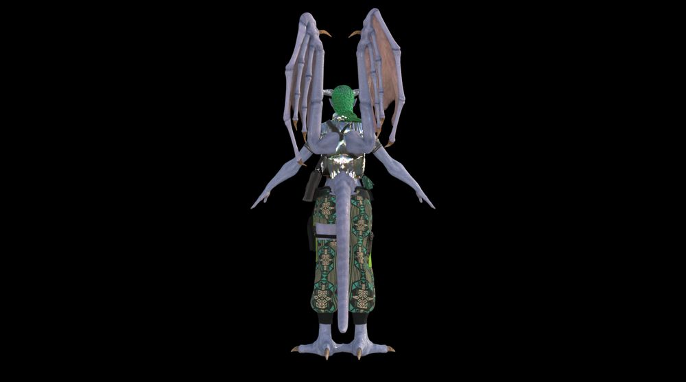 A view of Terrya from behind, her wings are folded behind and her tail is arched down so we can see them. Her tail almost reaches her ankles. Where her tail and wings protrudes from her back there is visible clipping on her clothes but I don't care about that because she's cute. 