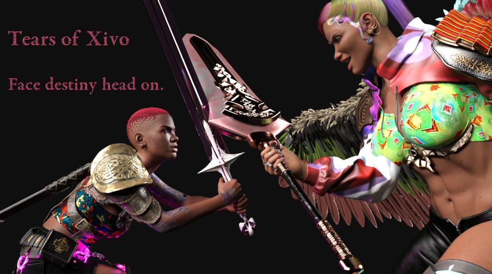 This is the second image with pink text in the corner, it reads "Tears of Xivo"
Under that text reads "Face destiny head on."