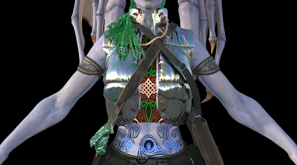 A close up of Terrya's chest. We get a closer look at her puffy vest, tank top, gold chain, and bags. The shoulder bags straps cross each other near her heart. Her gold chain rests on both of them. On her left side is a large messenger style bag in brown leather.  On her right is a smaller bag with a green floral pattern. Terrya's arms are lean but very well muscled. The tattoos on her stomach are in swirling patterns one of them circles her navel.