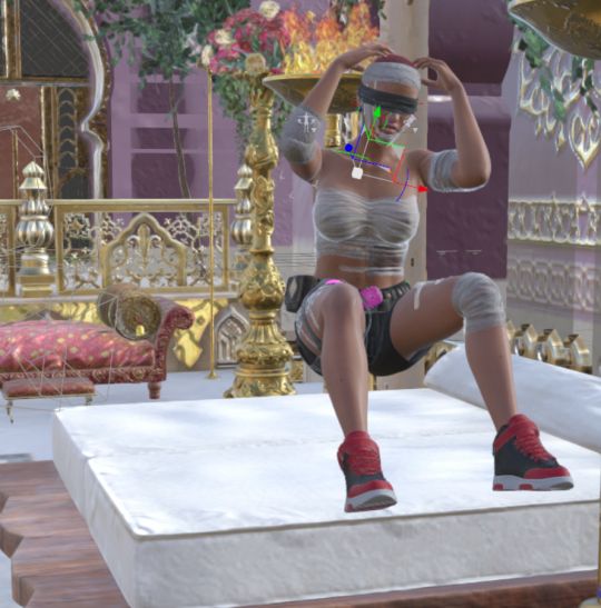 Katrina, a 3d character in DAZ3D studio, who is covered in bandages, visibly hurt, and has a blindfold on. She has her hands on her head and is floating about three feet above the bed she SHOULD be sitting be on
