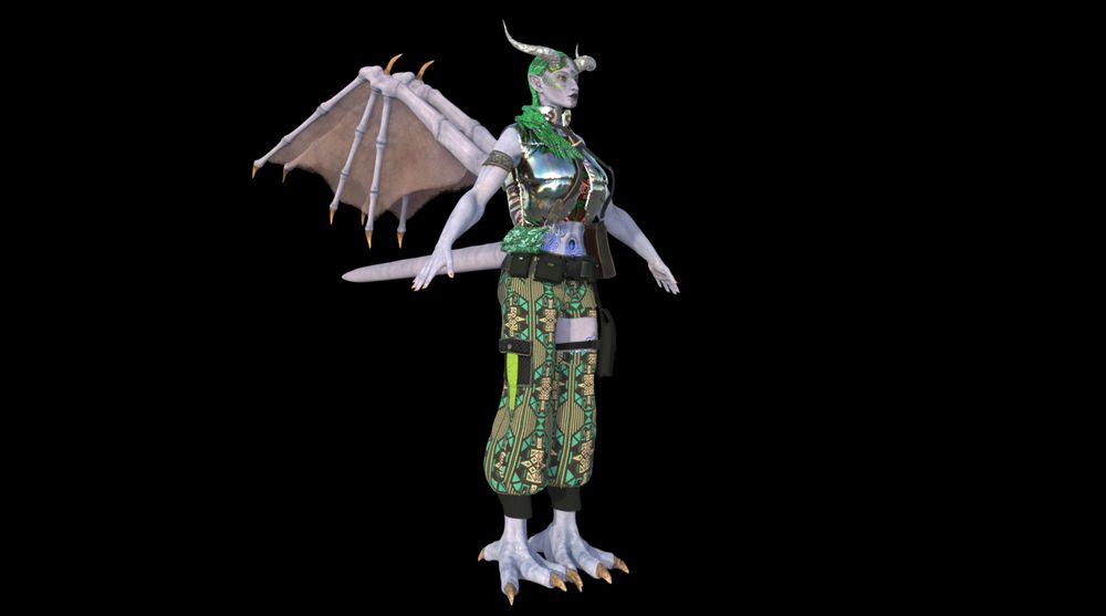 We see Terrya at a three quarter turn to show her right side. From this angle, we see her wings and tail all of which are perfectly straight in her t-pose. Her tail is thick and roughly the length of her legs. Her wings have visible joints to articulate themselves and claws at the end of each digit. The webbing between the digits if her wings is a pale, leathery brown. 