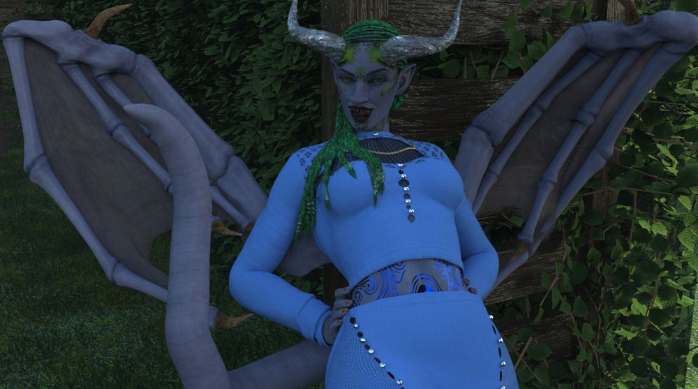 Still in the shade, Terrya leans back on a wooden archway in a hedge. Her hands rest on her hips as she licks her top lip, looking at the viewer with a flirtatious expression. Her braids rest on her chest and her tails curls to her right side and she has her wings spread to make room for her leaning. 