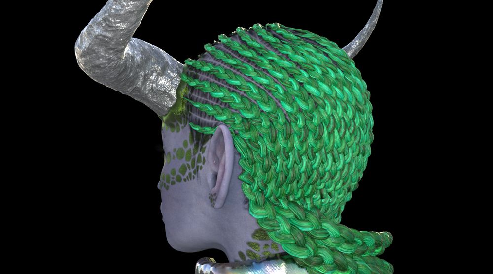 A rear view of Terrya's head so we can see how the rows of her hair come together to group on her right shoulder. From this angle we can see the metallic flakes on her neck. 