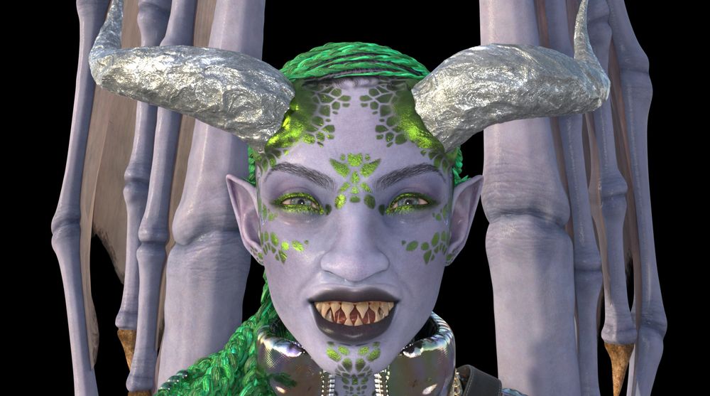 In this shot Terrya is smiling at the viewer revealing her teeth which are all razor pointed like shark teeth.