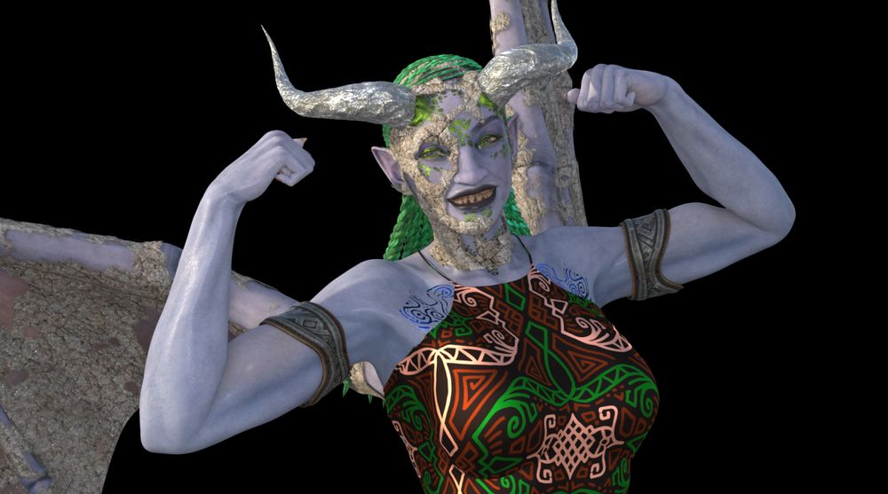 This time Terrya is only partially covered in stone. Part of her face is stone, mostly the right side and her neck. Her wings are also partially covered. Her cute smile is unchanged :) . 
