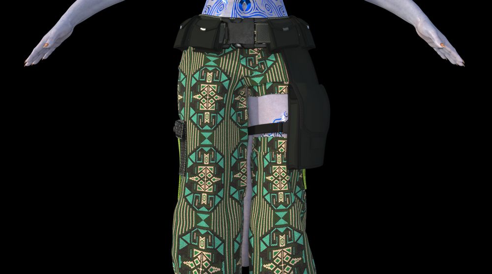 This shot focuses on her legs. Her pants have a green and yellow tribal pattern on them. Her pure black belt has many pouches spanning the front and it connects to another pouch that's strapped to her left leg. The strap is on her exposed skin, her left pant leg has a gap in it.