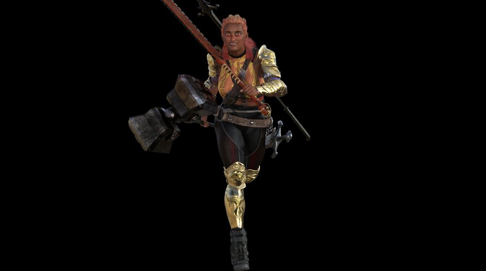 Xiuhcoatl is running towards the viewer, holding her war hammer in her right hand and her macuahuitl in her left hand. Despite being armed, she looks at the viewer with a warm smile. It's probably fine, right?