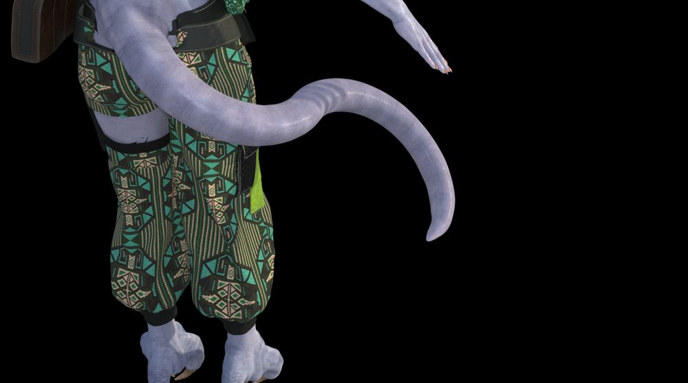 A close-up of Terrya's tail, it curls in a S-shape to her right side. Her tail is almost as thick as her forearm, smooth with nothing on it. 
