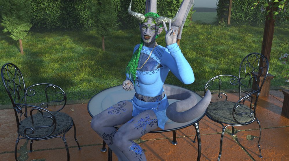 An image made in DAZ3D studio. Terrya, a blue skin female gargoyle, is sitting on a glass table. She's wearing a short blue skirt and blue top with a mesh window for her chest, along with a long gold chain. Her hair is emerald green in box braids. Terrya makes a peace symbol with her long clawed hand as she looks at the viewer with a bright smile, showing her razor sharp teeth. She has metallic blue tattoos on her torso in swirling patterns to resemble water. It's early in the morning and light shines on her. She's at a garden patio with grass, hedges, and trees. Her tail curls to her left side and her wings are folded behind her. 