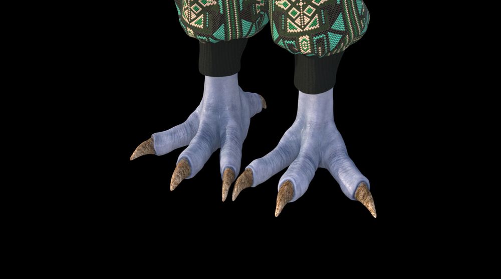 A close-up of Terrya's feet. She has four large claws for toes, three in the front and one in the back. They look like bird talons. We can see the wrinkles of her toes where they bend.