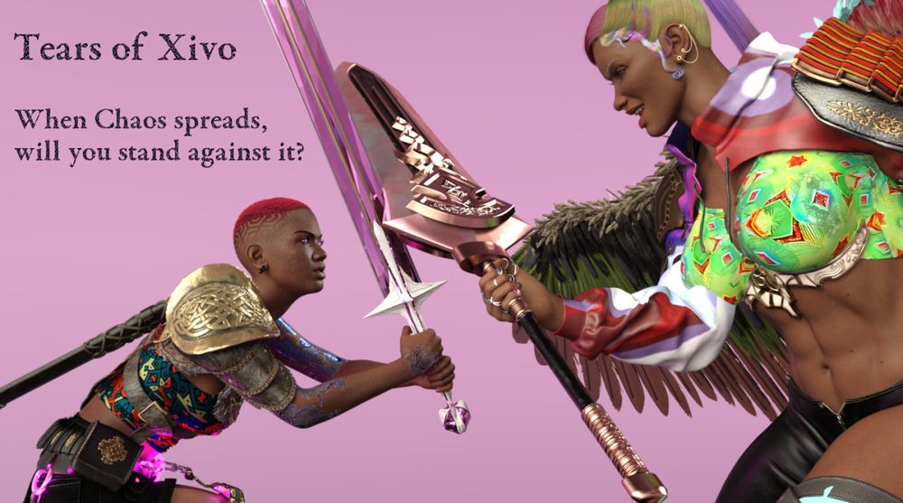 This is the first image, but this time there is black text that reads "Tears of Xivo" Under it there is more text, it reads "When Chaos spreads, will you stand against it?"
