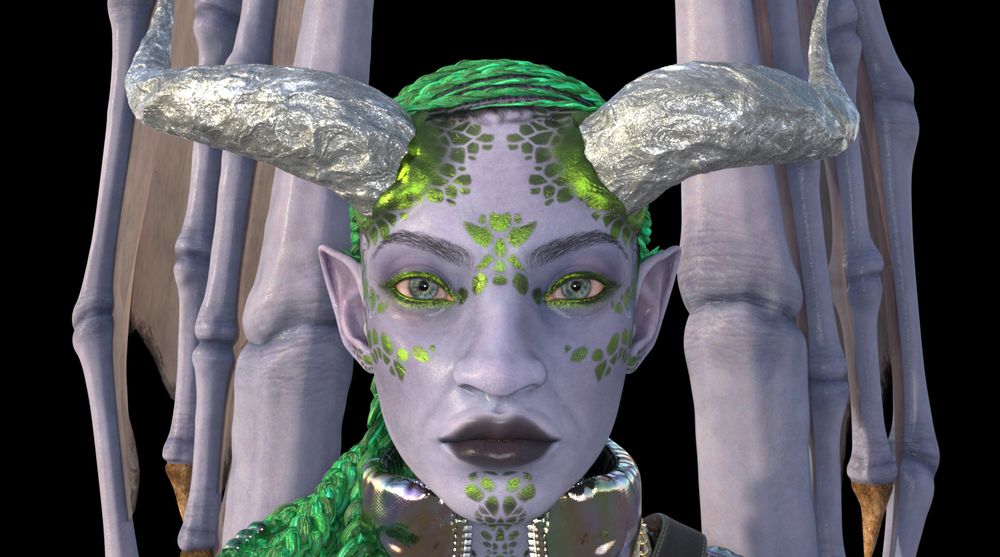 A close-up of Terrya's face. She looks at the viewer without expression, her wide eyes are blue, green metallic flakes in an almost Ogee pattern sit between her brows, along her cheekbones, in a line on her chin, her earlobes, her neck, and on her forehead where her horns protrude from her skull. This close we see the shimmery silver of her horns. She has a wide nose and thick lips.