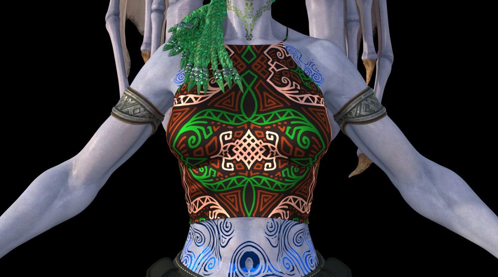 This shot has her vest, chain, and bags removed so we can see her shirt more. A tribal pattern dominates the garment, curvy lines and shapes of green, red, and white. 