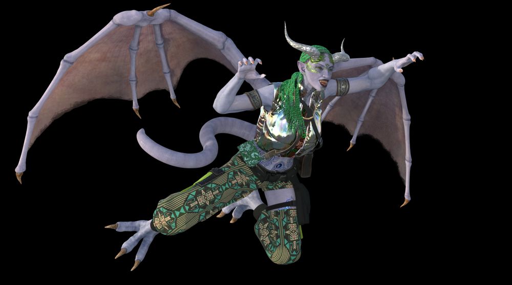 A full body shot of Terrya lunging forward in the air with her claws at the ready to tear something apart. She has an impish smile on her face. 