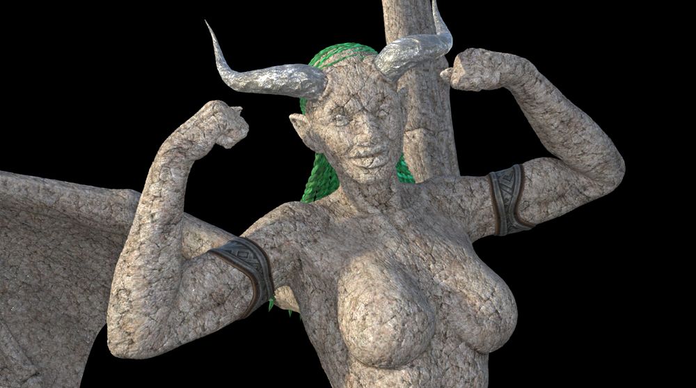 This time Terrya is entirely covered in stone, her facial features are hardly visible and only her armbands, hair, and horns are unchanged. 