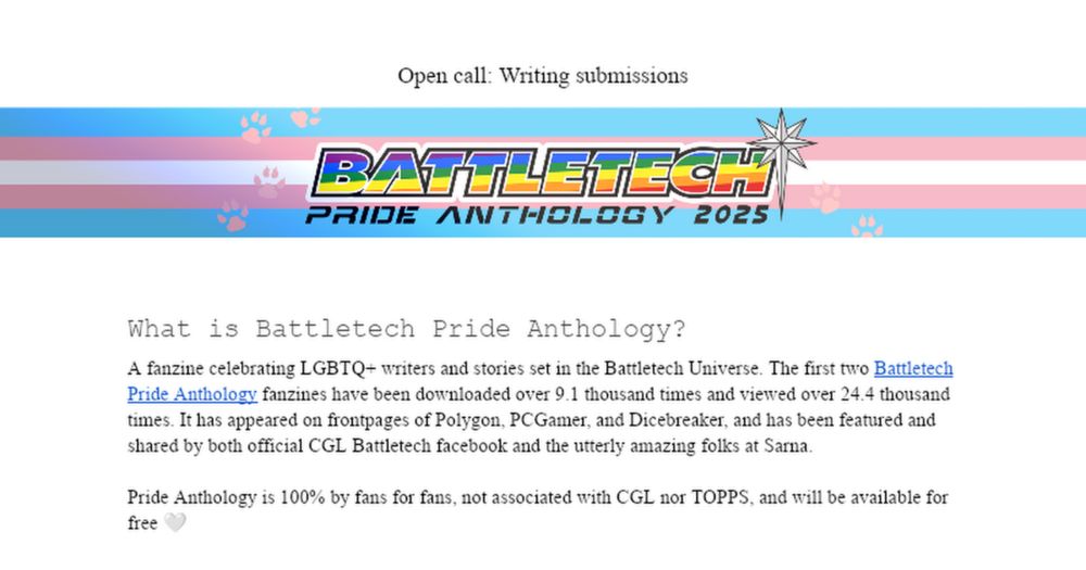 Open call: Battletech Pride Anthology 2025