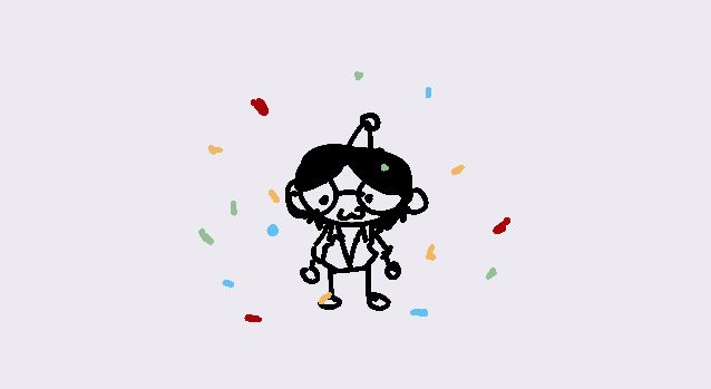 A drawing of a small doodled character standing amid red, yellow, blue, and green confetti. 