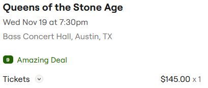 A screenshot of a ticket listing for a Queens of the Stone Age show. 