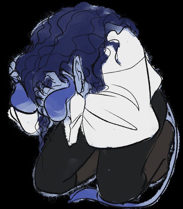 A meme redraw of someone on their knees holding their head in their hands featuring a blue tiefling. 