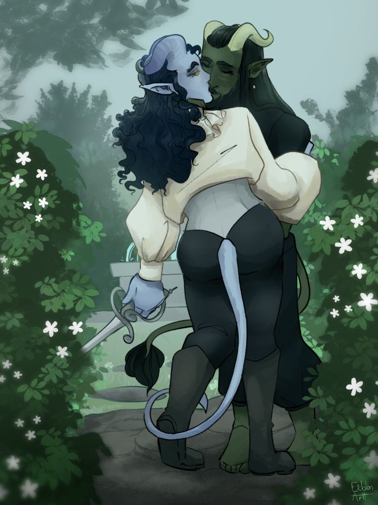 An illustration of two tiefling men standing in a garden clearing. On either side of them are bushes with white flowers. The scene has a green haze over it. The two of them are kissing.