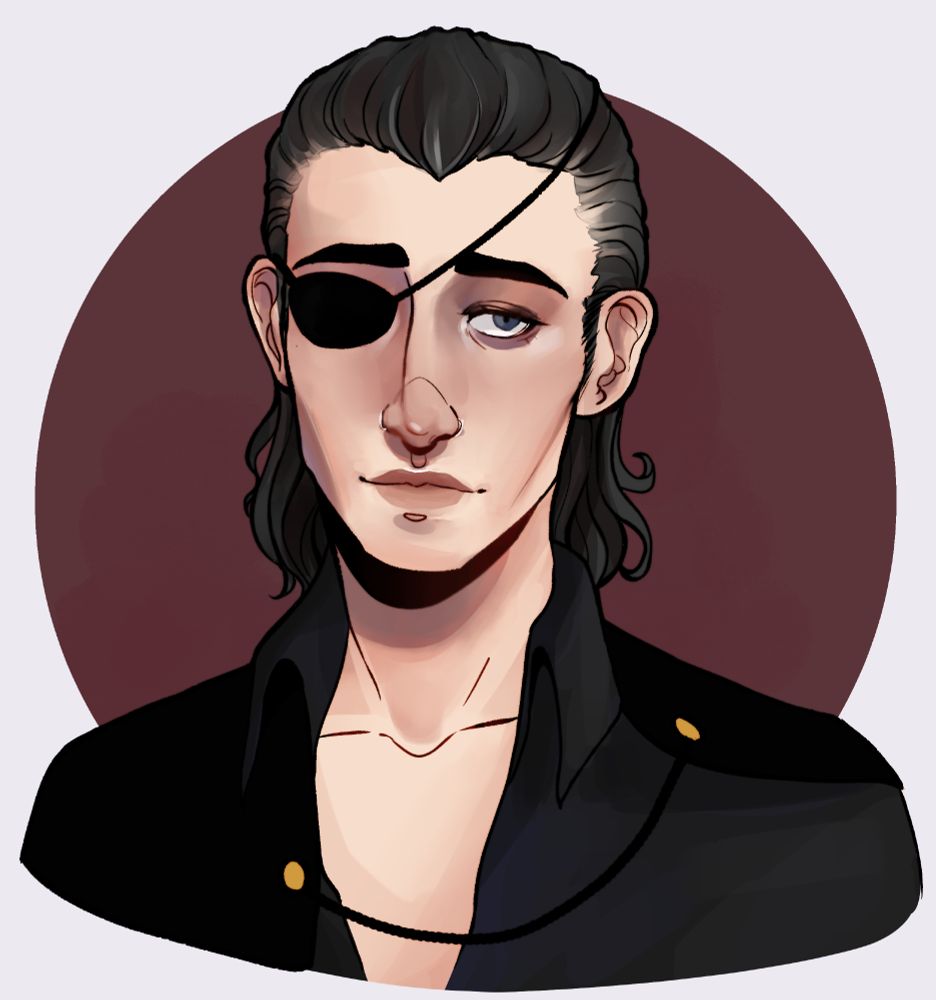 A digital illustration of the posters original character. The drawing depicts a bust of a man with pale skin, dark hair with grey streaks, and an eye patch. His hair is thinning near his temples and his visible eye has heavy bags. Behind him is a muted red circle. 