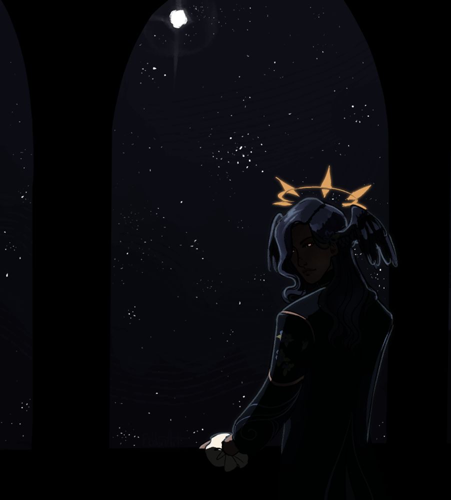 A digital illustration of a person standing silhouetted against the night sky. They stand inside a black window archway, back to the viewer but turning to reveal their gold eyes. They have dark blue hair, a dark blue coat, and wings on the side of their head. A gold halo with pointed spikes hovers above their head. 