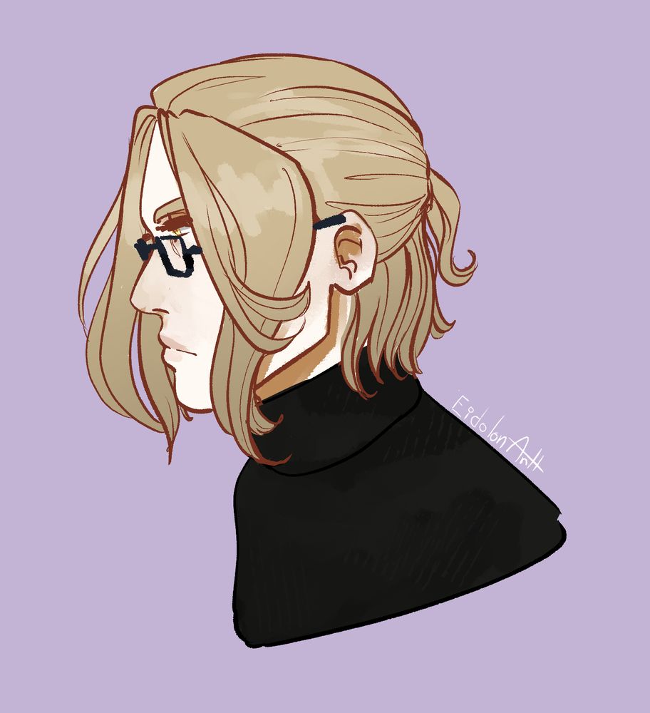 A digital portrait of a younger man with dirty blonde hair. He's very pale with yellow eyes and is wearing a black turtleneck. 