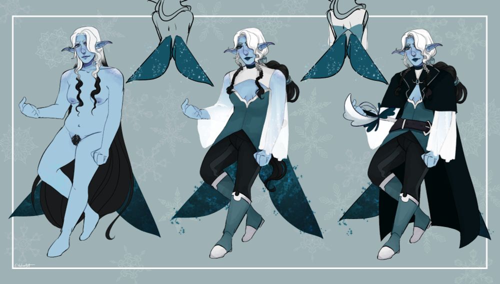 A line with 3 different versions of the same character. On the left is a winter eladrin naked, he has pale blue skin and long hair that's white until his shoulders, and black the rest of the way down. In the middle he's clothed with dark pants, teal boots, and a top with a boob window. On the far right he has a cloak, belt, and sword. Between the bigger illustrations are two doodles that show his teal wings coming out of his middle back and how his shirt fits around them.
