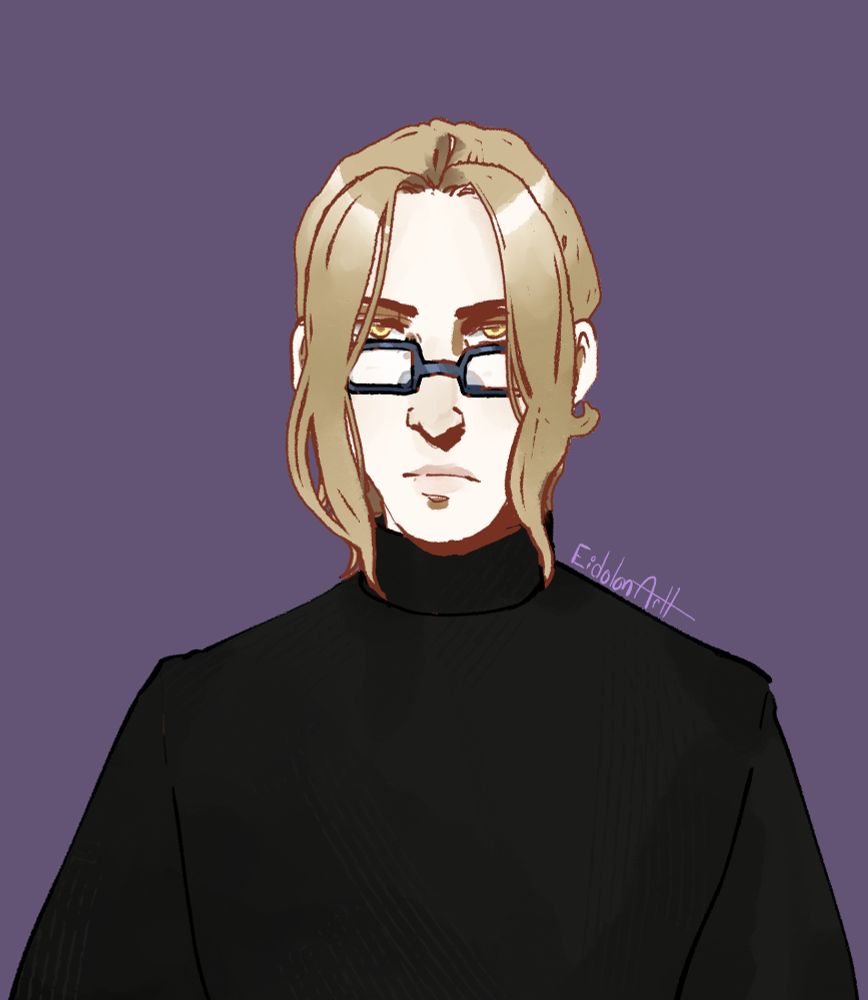A digital illustration of a pale man with pale blonde hair and golden eyes. He's wearing a black turtleneck and has a serious expression. 