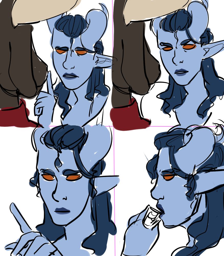 A redraw of the meme photo that is 4 panels of Jamie Lee Curtis holding her finger up to someone and then drinking a glass of water. Instead it's a blue tiefling shushing a minotaur and taking a shot. 