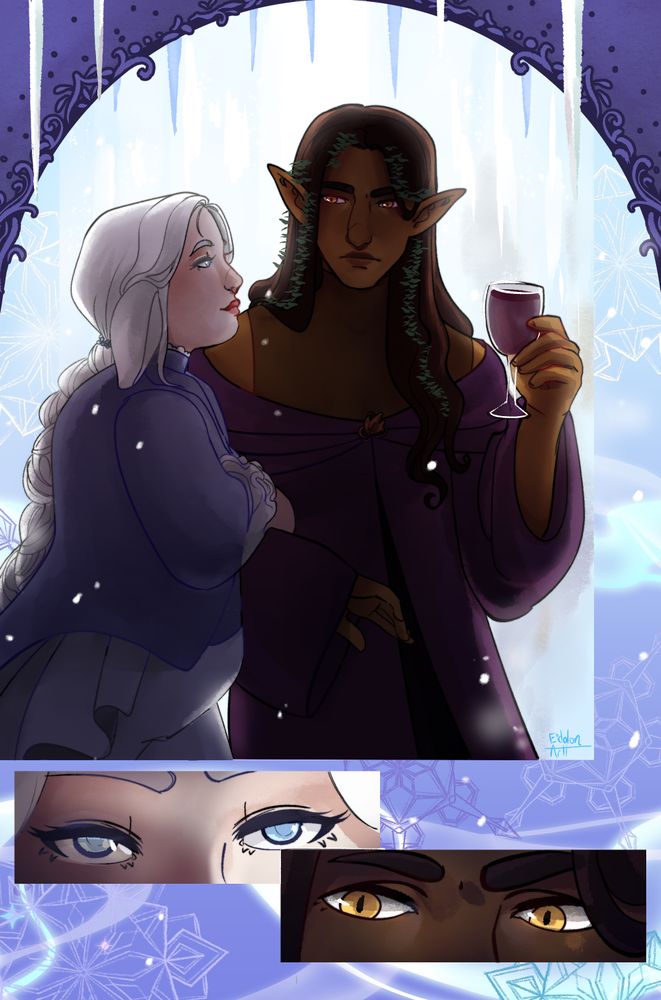 A digital illustration of two men. One is shorter with long, white hair braided down his back, white horse-like ears, and pale skin. The other is a taller man with medium-brown skin and long dark brown hair with leaves sprouting in vines throughout. He wears a low cut purple rode with a sheer top. The shorter man is in profile, grabbing the other man's arm with a smug, dignified look. The taller man looks down at him with intense, slit eyes. They're draw up to the waist above an icy hallway, icicles hanging down from the top of the canvas. Below are two vignettes of their eyes, looking up and down at each other respectively. 