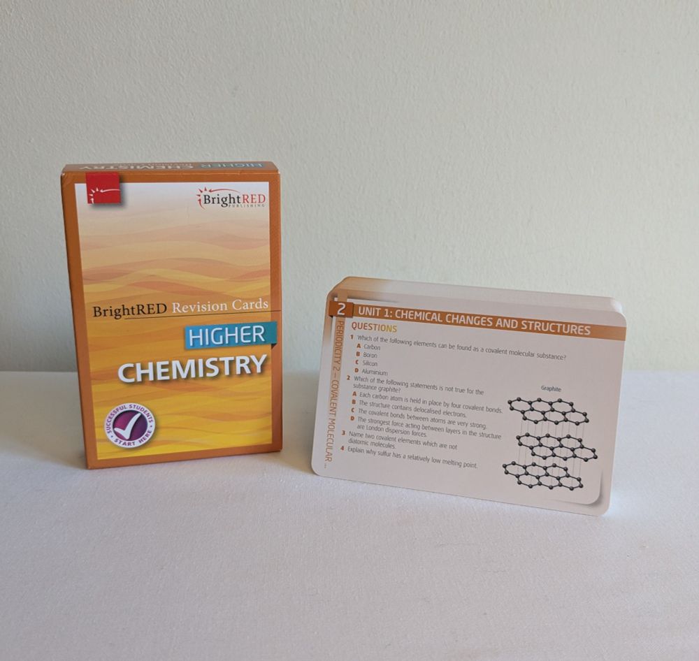 A photo of Bright Red's new Higher Chemistry Revision Cards, with question card 2 on display. This question card covers chemical changes and structures, and gives a good example of the question-and-answer format of the cards.