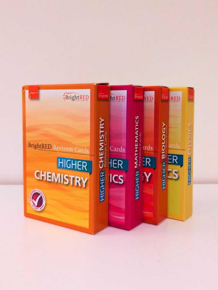 A photo of Bright Red Publishing's new Higher Revision Card series for Higher Biology, Chemistry, Maths and Physics.