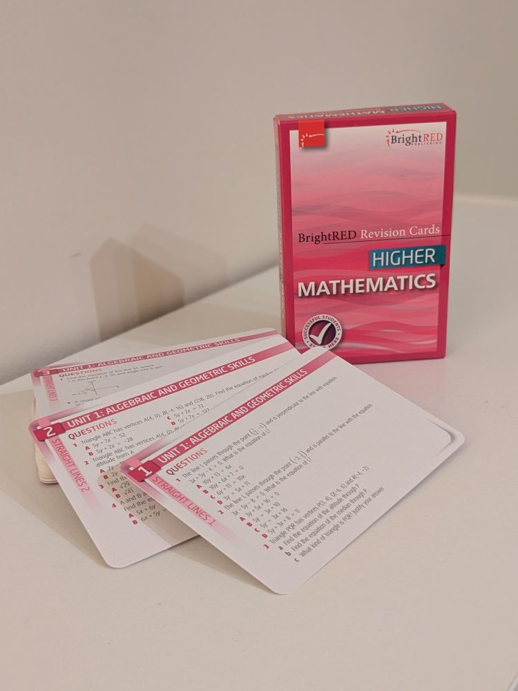 A photo of BrightRED's Higher Mathematics Revision Cards, showing the box and the cards laid out. 