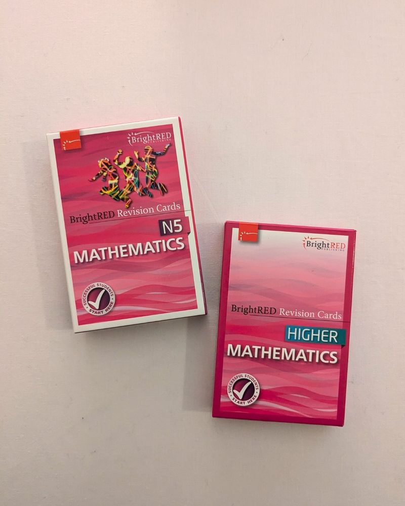 A side by side photo of BrightRED's National 5 and Higher Mathematics Revision Cards. 