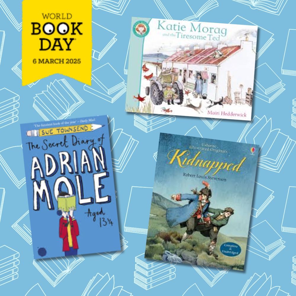A graphic image showing the covers of some of the BrightRED team's favourite childhood books, including Katie Morag and the Tiresome Ted, The Secret Diary of Adrian Mole Aged 13 and 3/4, and Kidnapped.