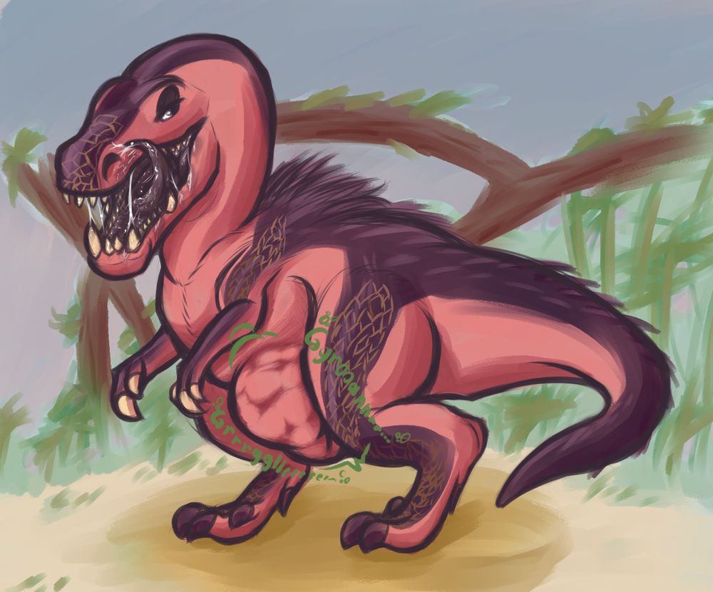 Monster Hunter Anjanath standing in a clearing with a full stomach and licking its chops