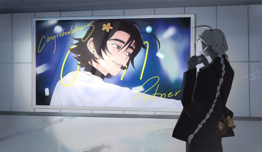 Drawing of OPs OC taking a picture of a lightbox depicting partnered streamer peanutpumch