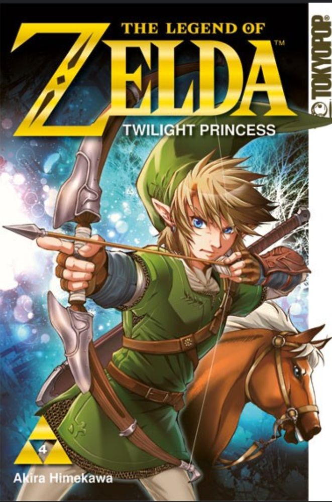 Titelbild des Computerspiels The Legend of Zelda - Twilight Princess, Band 04
Link mit gespanntem Bogen vor blau-spacigem Hintergrund und ein Pferd schaut noch hinter ihm hervor.
