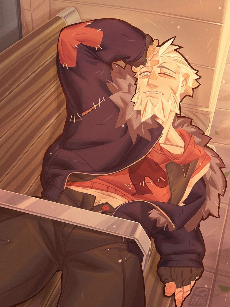 L from Pokemon Legends: Z-A lying on an anti-homeless bench. One hand is on his forehead, a sign of distress at his present ordeal.

Art by Den/DK