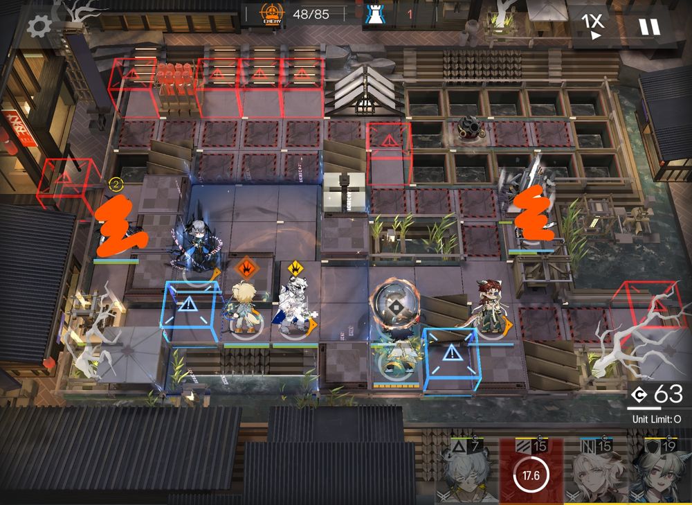 A screenshot of Arknights showing the srage OR-S-3 featuring an ALL MALE SQUAD. Orange squiggles obscure two hookmasters who are without a doubt dudes.