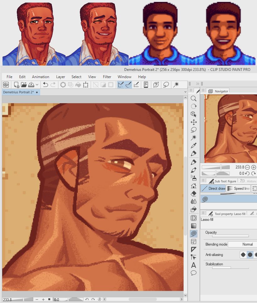 A wip of Demetrius' portrait in my stardew valley portrait pack.