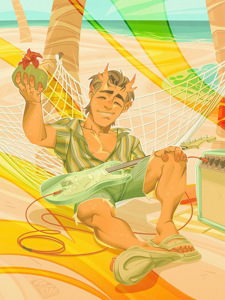 Kei Verana (character of strangerfromthestars on artfight) on a hammock, holding forth coconut while smiling at the viewer. On his lap is a guitar connected to an amplifier by his side.

Art by Den/DK