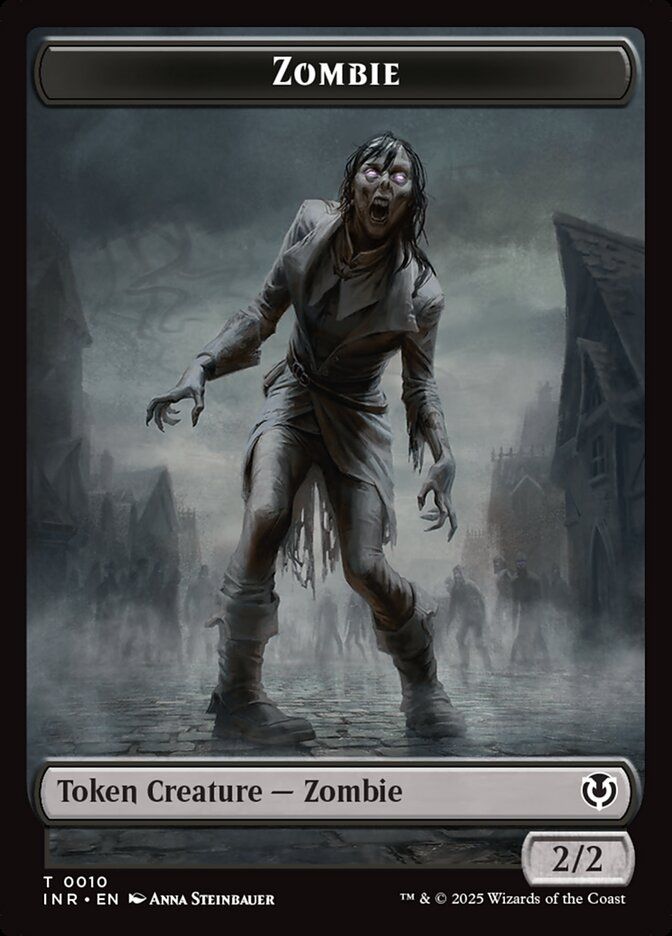 Zombie
Token creature - zombie
2/2

A grey zombie on a grey, misty background with purple eyes shambles towards the viewer 