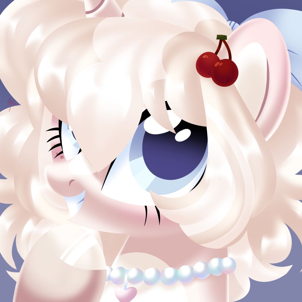 lineless digital icon style piece of a single pony character, a tan unicorn mare with a blonde mane, blue eyes, pearl necklace with a heart pendant, cherry hair accessory and blue bow. she's grinning with one hoof raised.