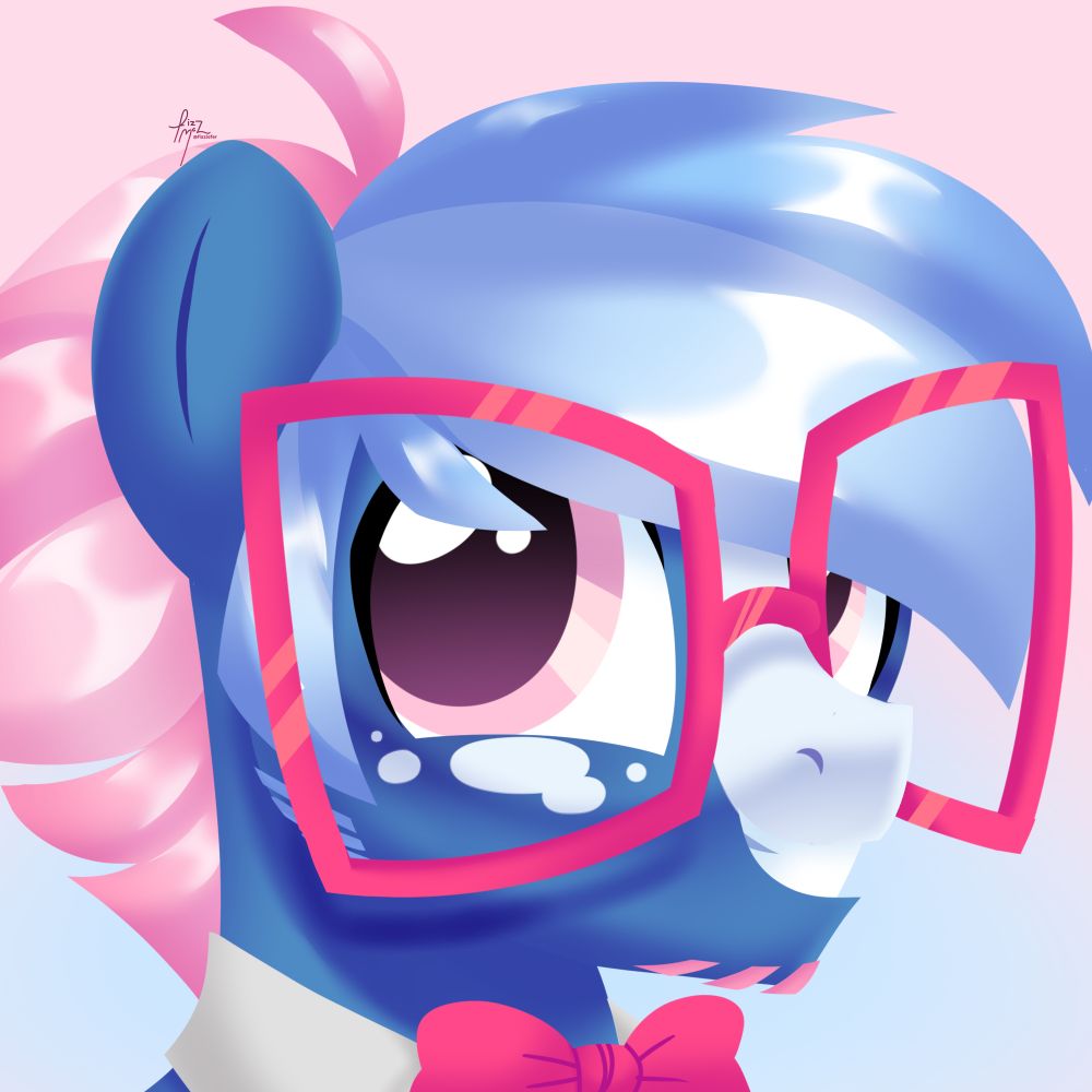 lineless icon style piece of a single pony character, a blue stallion with white markings - he has a blue mane and sideburns with a pink beard and back mane. he has a collar with a bright pink bow tie and bright pink glasses. he's grinning. 