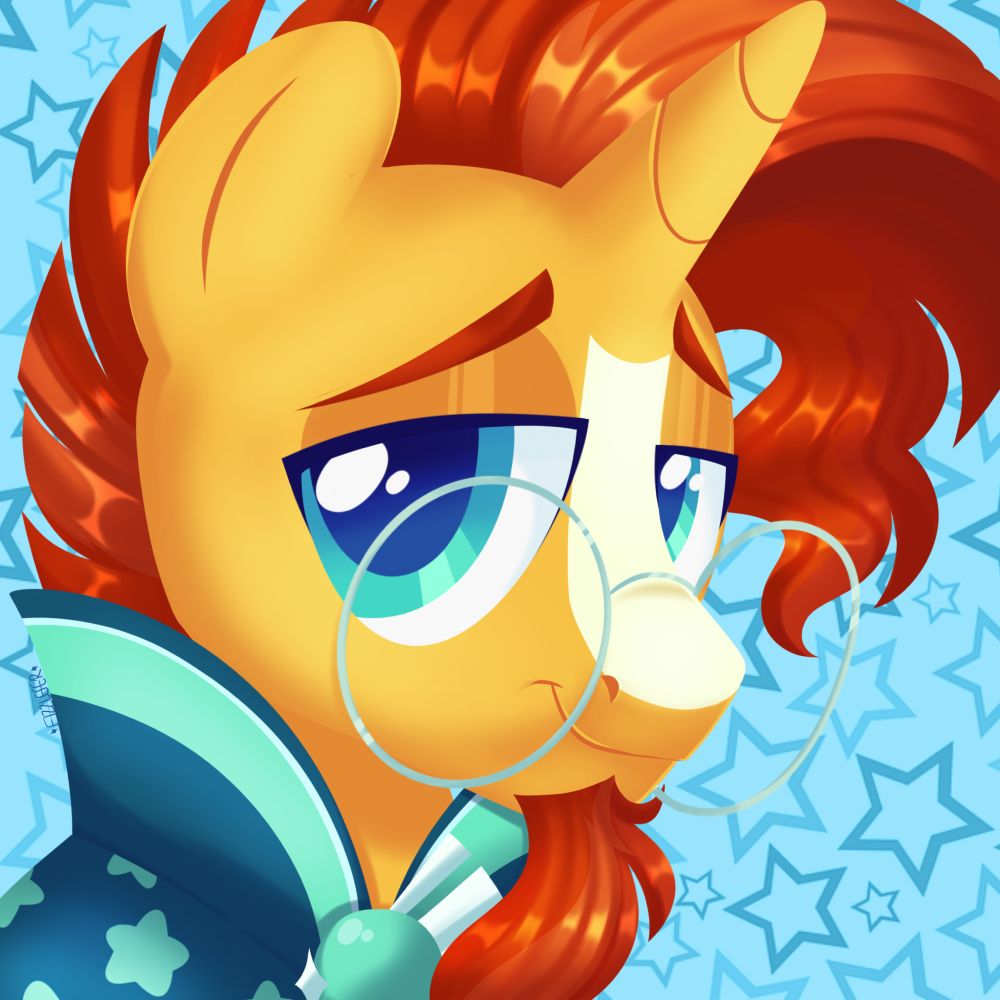 digital bust illustration of sunburst from my little pony styled into an icon, on a blue background with stars across it. he is smiling shyly.