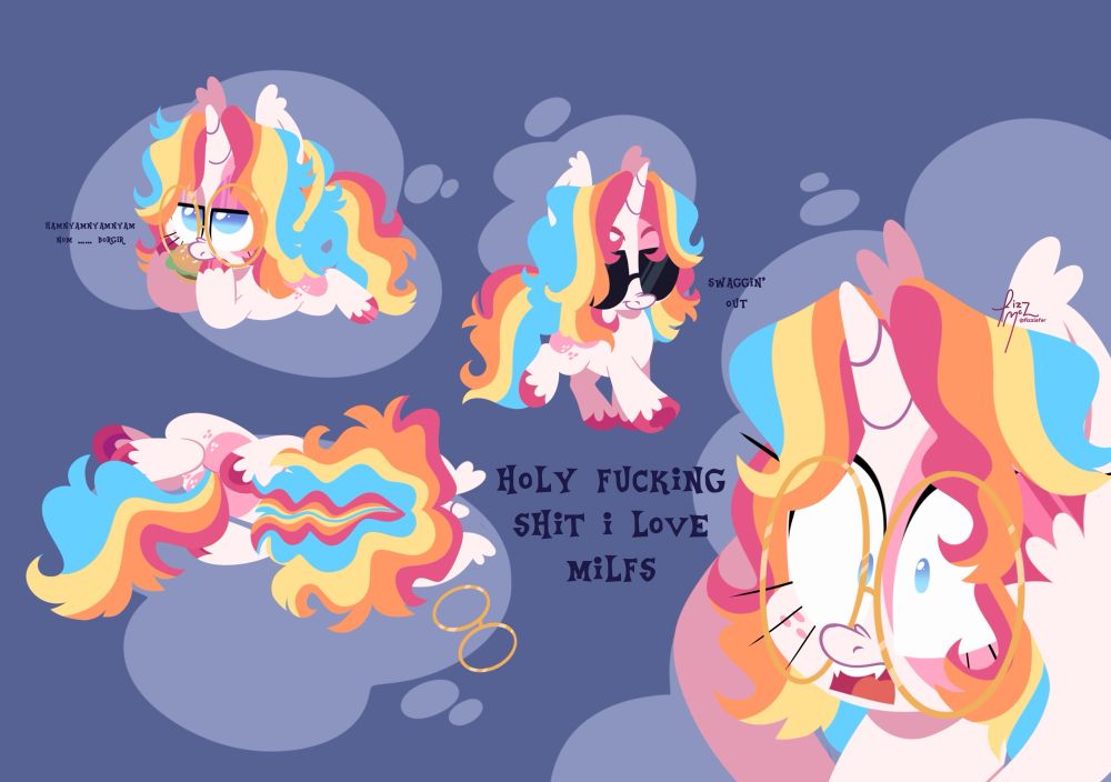 lineless chibi illustration page of fizzy whizzbang, a pink unicorn with a rainbow mane, in a variety of poses including eating a burger, walking with sunglasses, a shocked face and the family guy death pose.