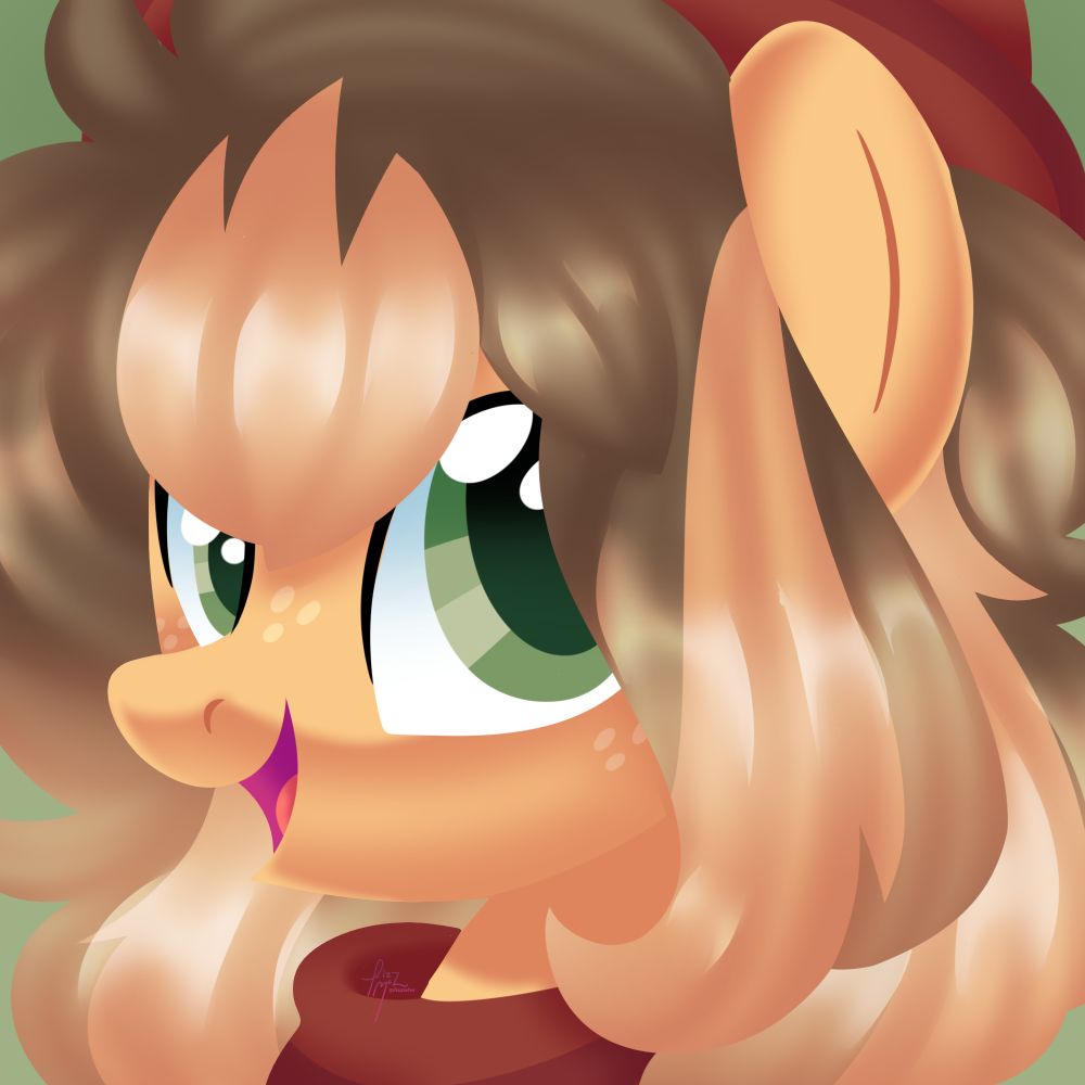 lineless icon style piece of a single pony character. an orange mare with light yellow freckles and green eyes. she has a brown mane with orange streaks and is wearing a red bandana and hat. she's smiling with her mouth open. 