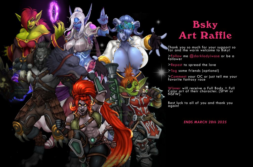 raffle post with full body drawings made by me as example.